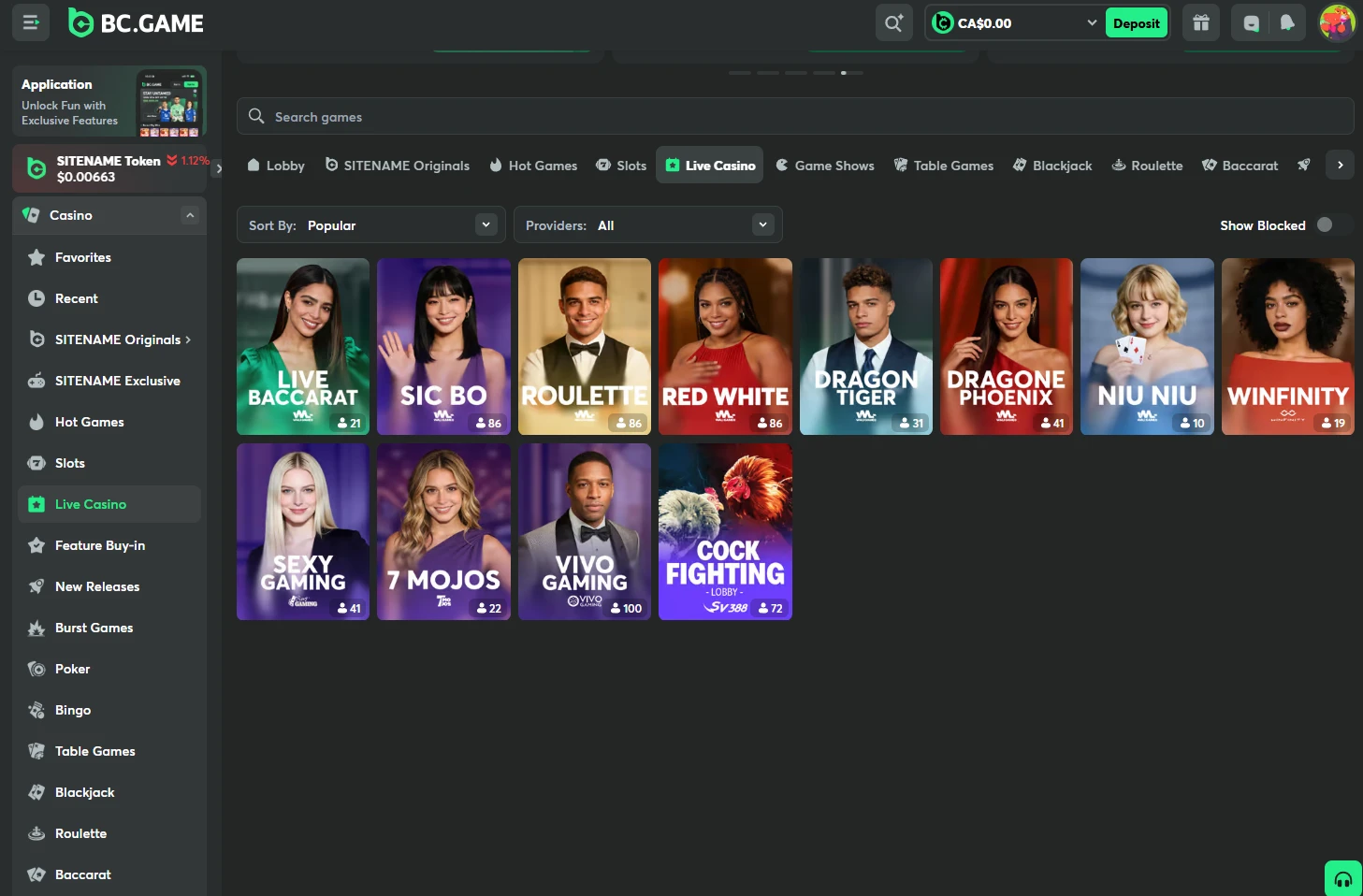 BC.Game Casino Live Casino Desktop