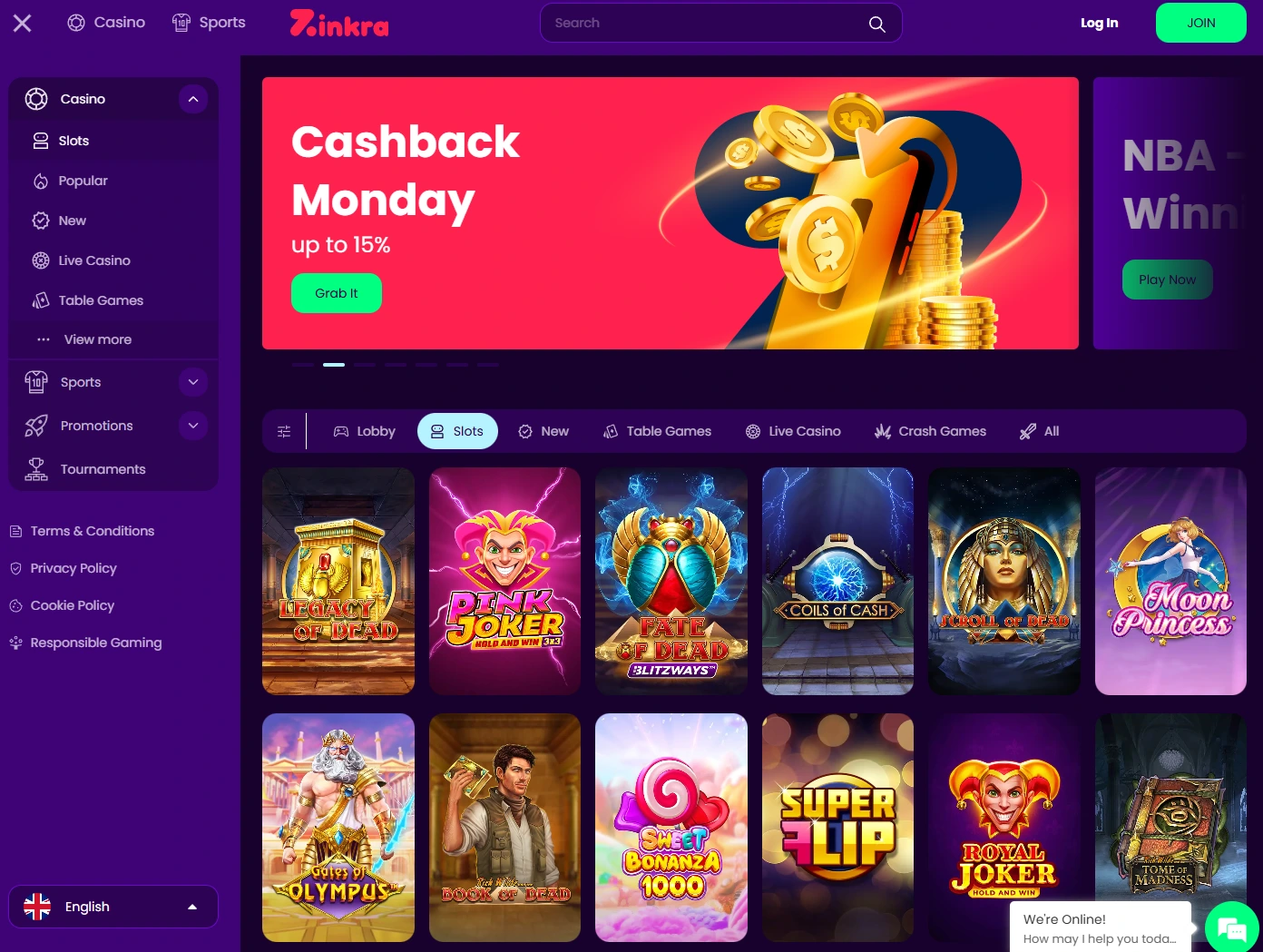 Zinkra Casino Game Lobby - Desktop