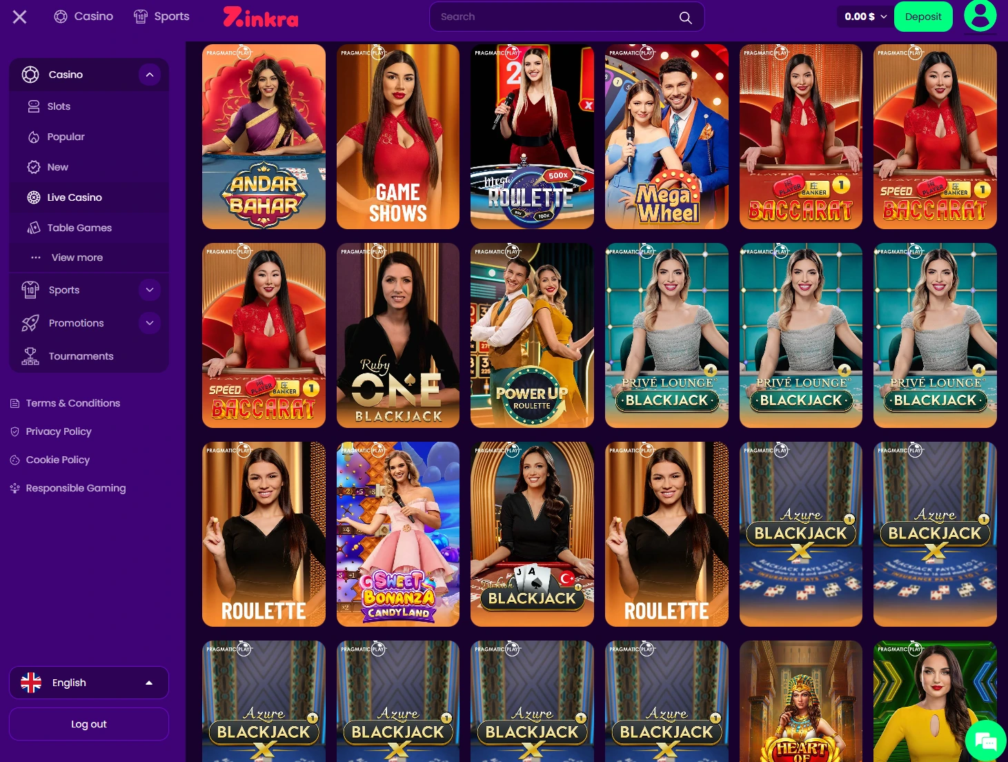 Zinkra Casino Live Casino - Desktop