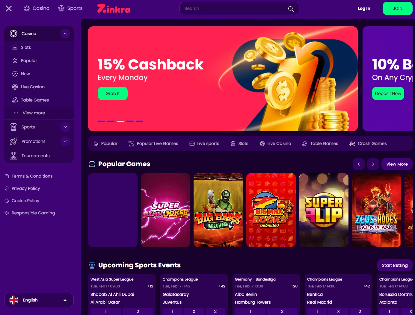 Zinkra Casino Homepage - Desktop
