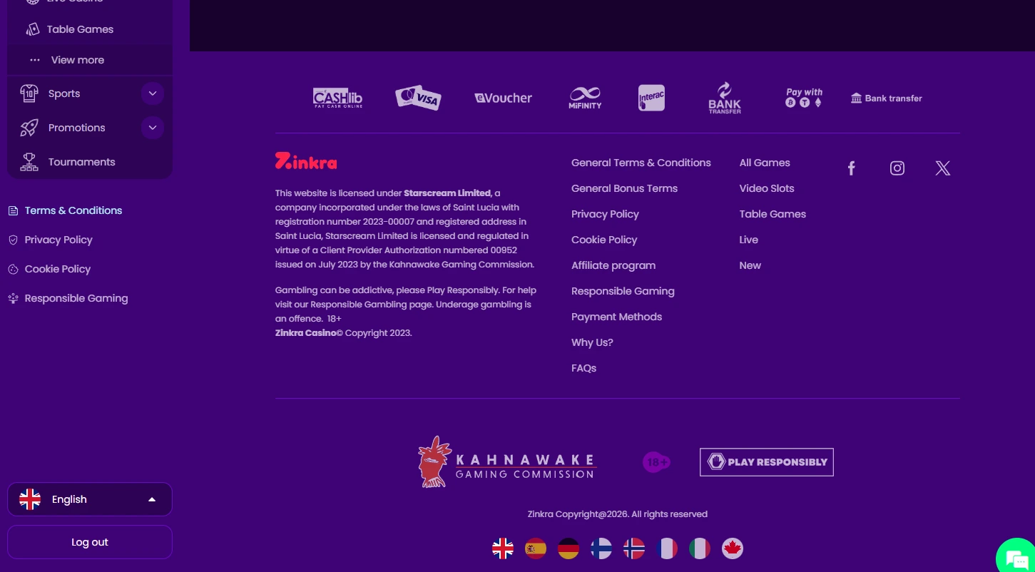 Zinkra Casino Cashier - Desktop